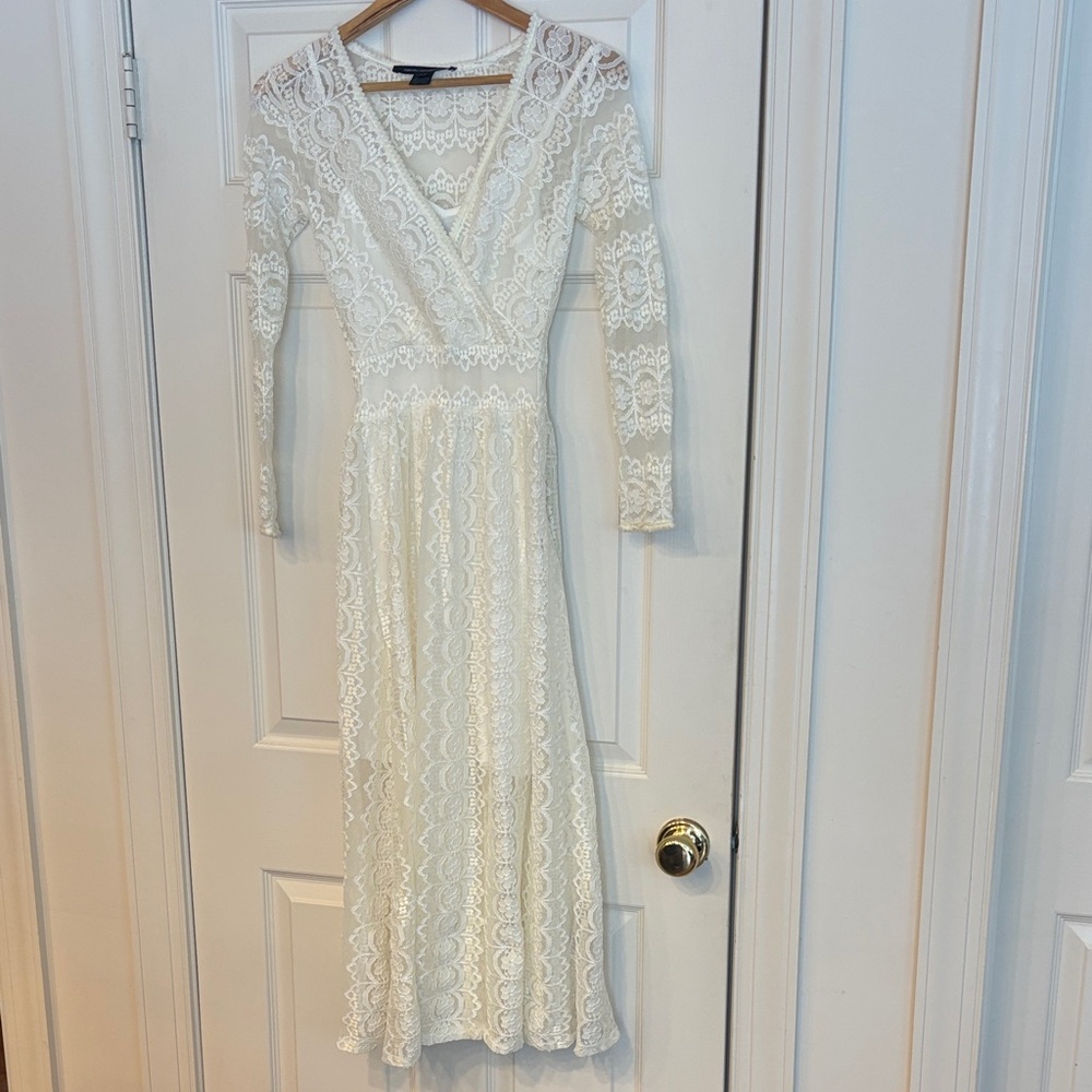 French Connection Elegant Lace Long Sleeve Dress in Cream